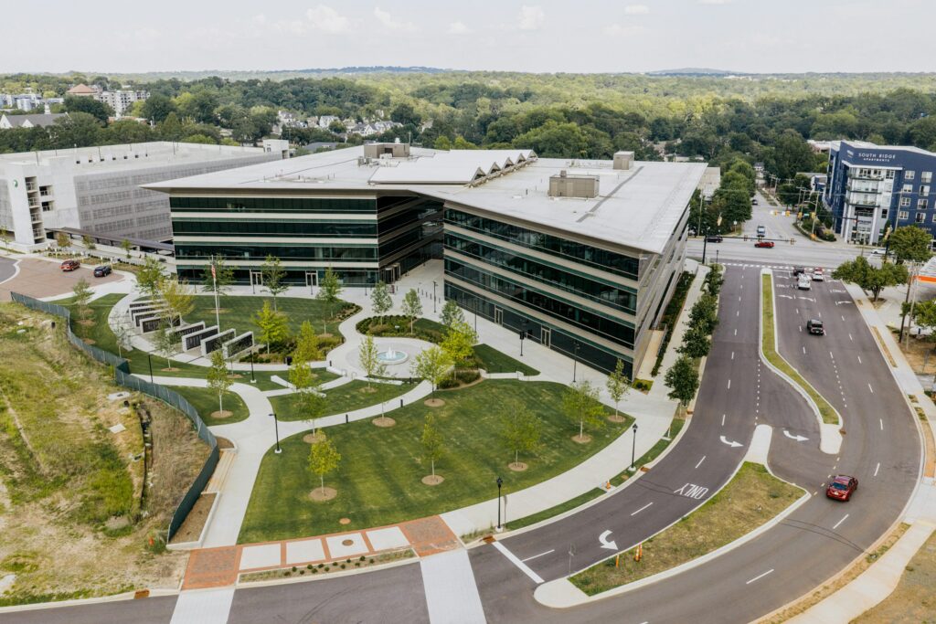 Aerial view of a landscaped office campus
