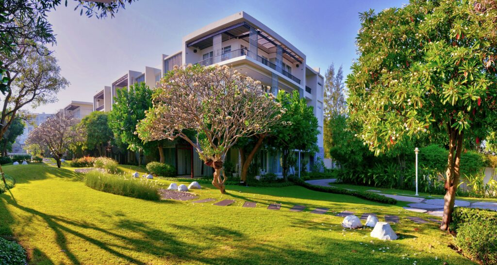 Apartment buildings surrounded by landscaped gardens